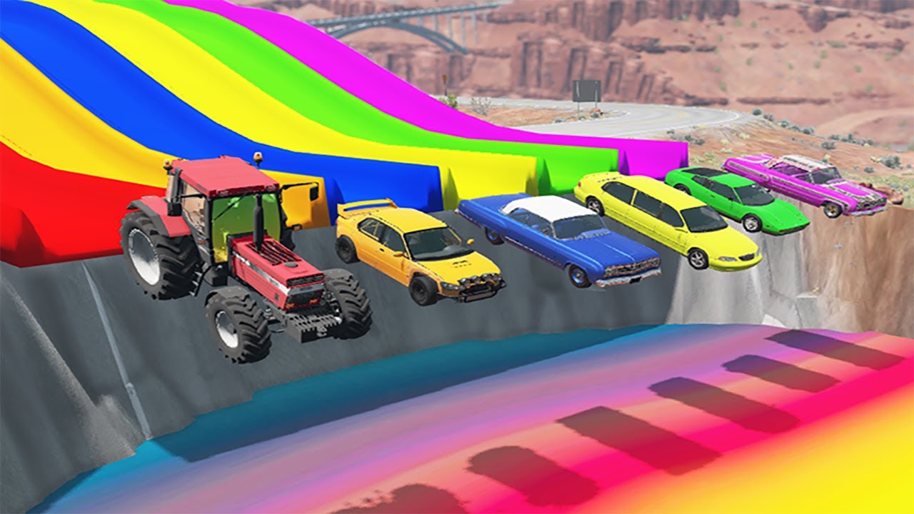 Car Jumps Down From Colored Slide Into Giant Rainbow Pit - BeamNG.drive
