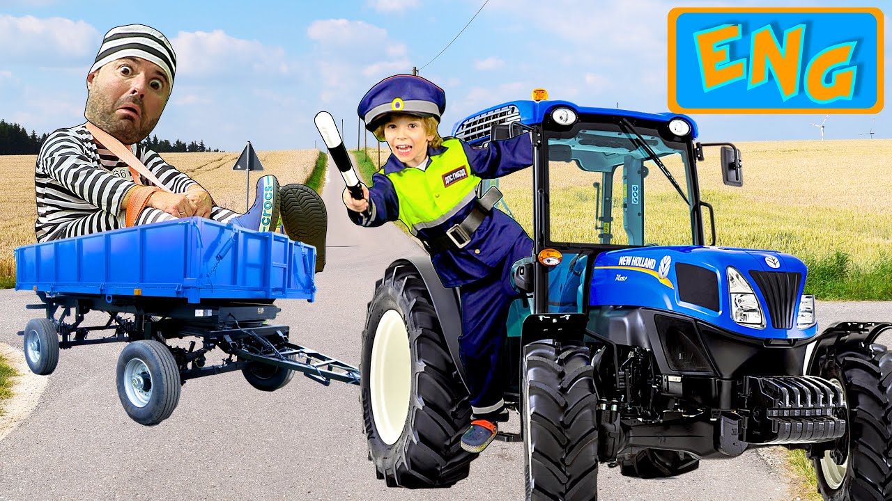 Pretend play Police Kids with the Blue Tractor