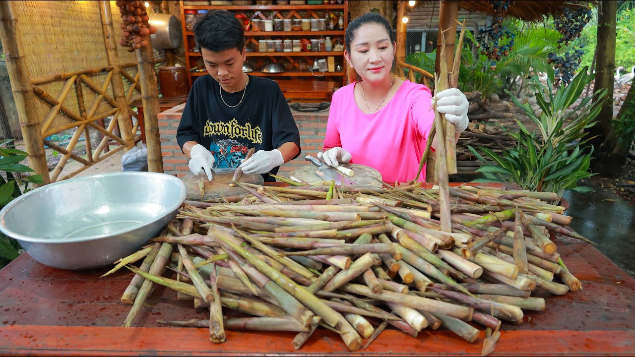 A table of Bamboo Shoot cook, make pickle, grill catfish, roasted chicken recipe - Cooking with sros
