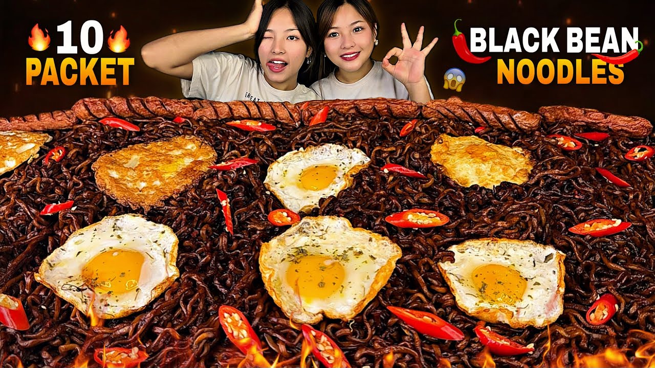 🔥10 PACK SPICY BLACK BEAN NOODLES🔥WITH EGGS🍳& CHILLIES🌶️ WITH MY TWINS| DEADLY SPICY CHALLENGE💀|
