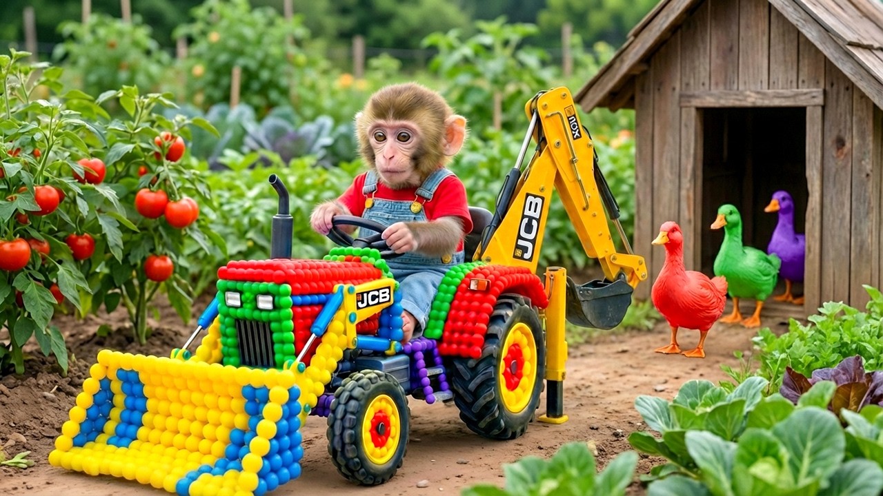 Monkey NaNa Rebuilds the Duck House After a Shocking Escape! JCB 3cx Tractor Excavator Help MONKEY