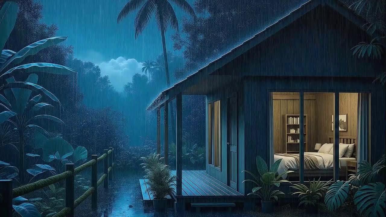 Rain and Distant Storm Quiet Mind for Sleep in a Cozy Tropical Cabin 🌧️