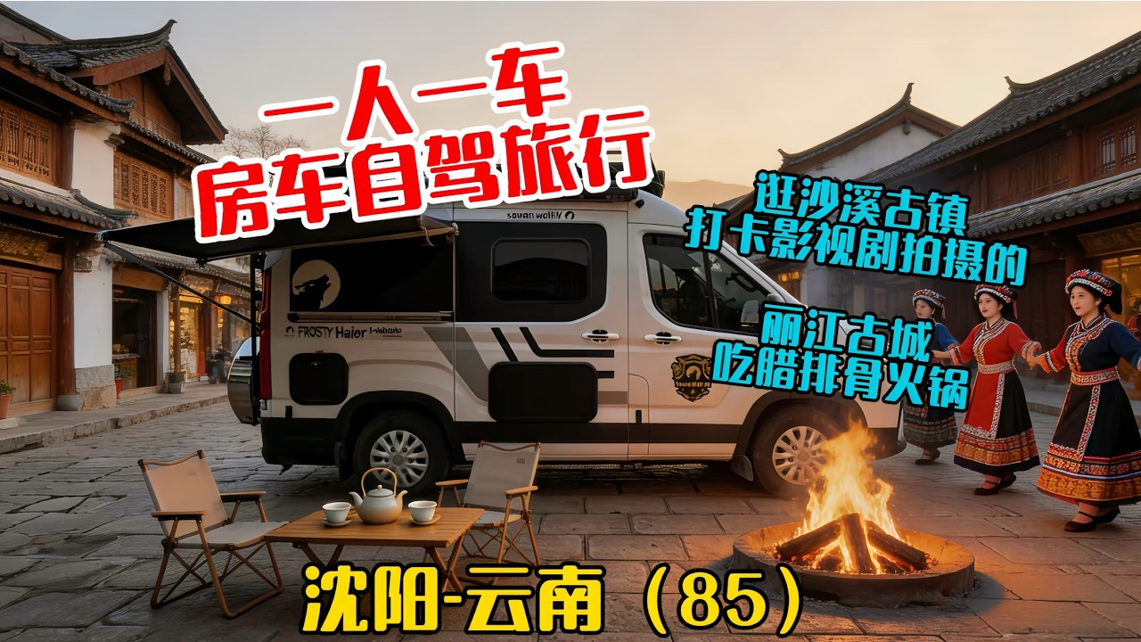 一人一车房车自驾旅行，打卡沙溪古镇，丽江古城吃腊排骨猪蹄火锅