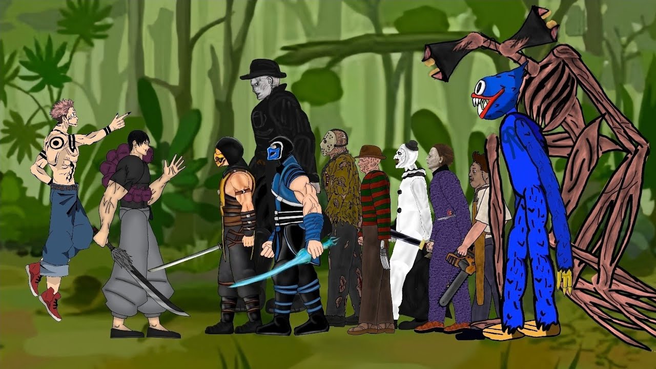 Toji vs Sukuna vs Freddy, Jason, Myers, Leatherface, Clown, H Wuggy, Siren, Mr. X, SubZero, Scorpion