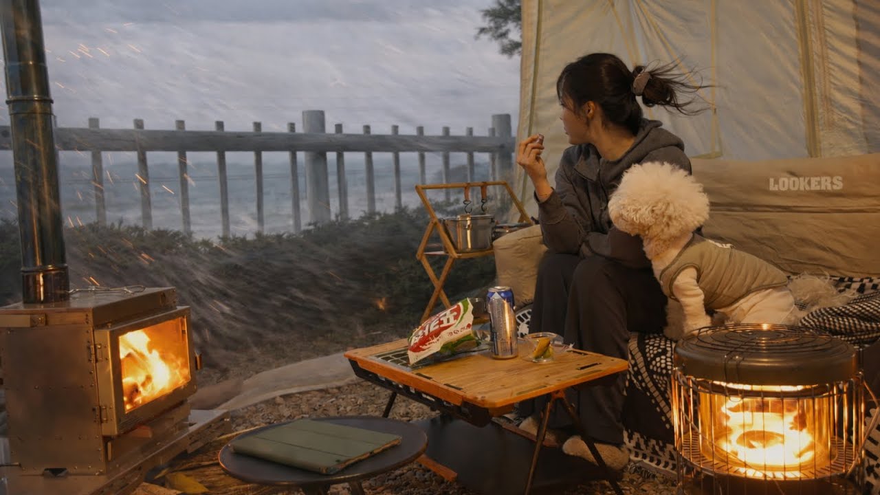 캠핑 vlog 겨울 강풍 바다 앞 텐트 속 | 내 친구 강아지랑 갈비찜에 소주 한잔