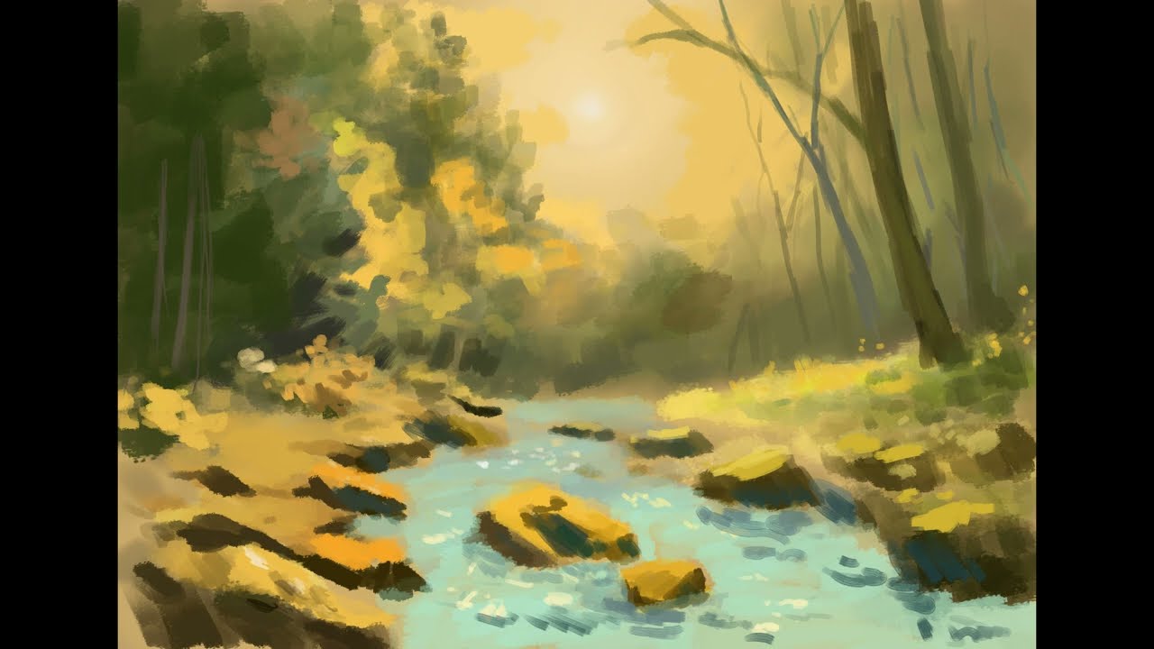 "Golden Forest Stream – Digital Painting in Krita"