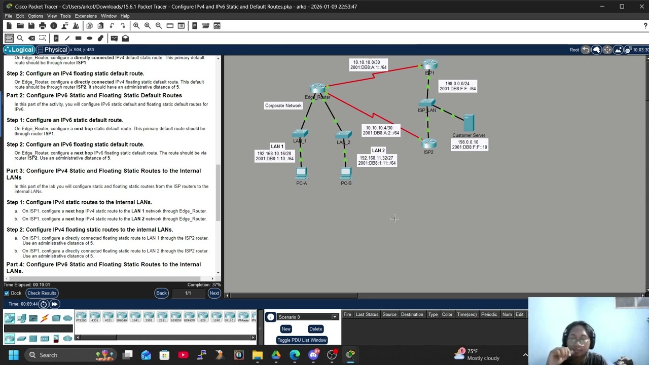 15.6.1 Packet Tracer – Configure IPv4 and IPv6 Static and Default Routes