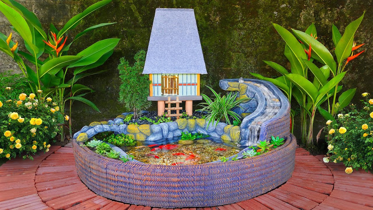 DIY amazing waterfall aquarium with common house from cement