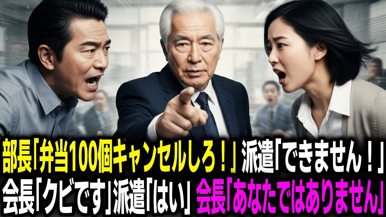 「キャンセルはできません！」弁当100食ドタキャンした部長にたてついた派遣社員→会長「明日から来なくていい」派遣社員「わかりました」会長「あなたではありません」部長「え？」