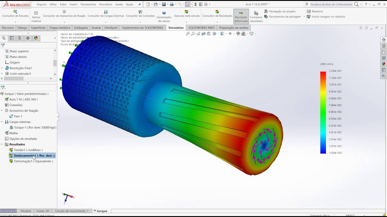 Aula 191 -  Analise Estatica Torque - Dvd Simulation - Solidworks - Marcelo Pereira