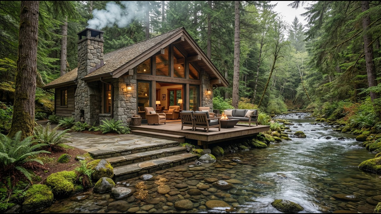 Cozy Riverside Cabin Porch | Firepit Ambience, Flowing River & Birds Sounds