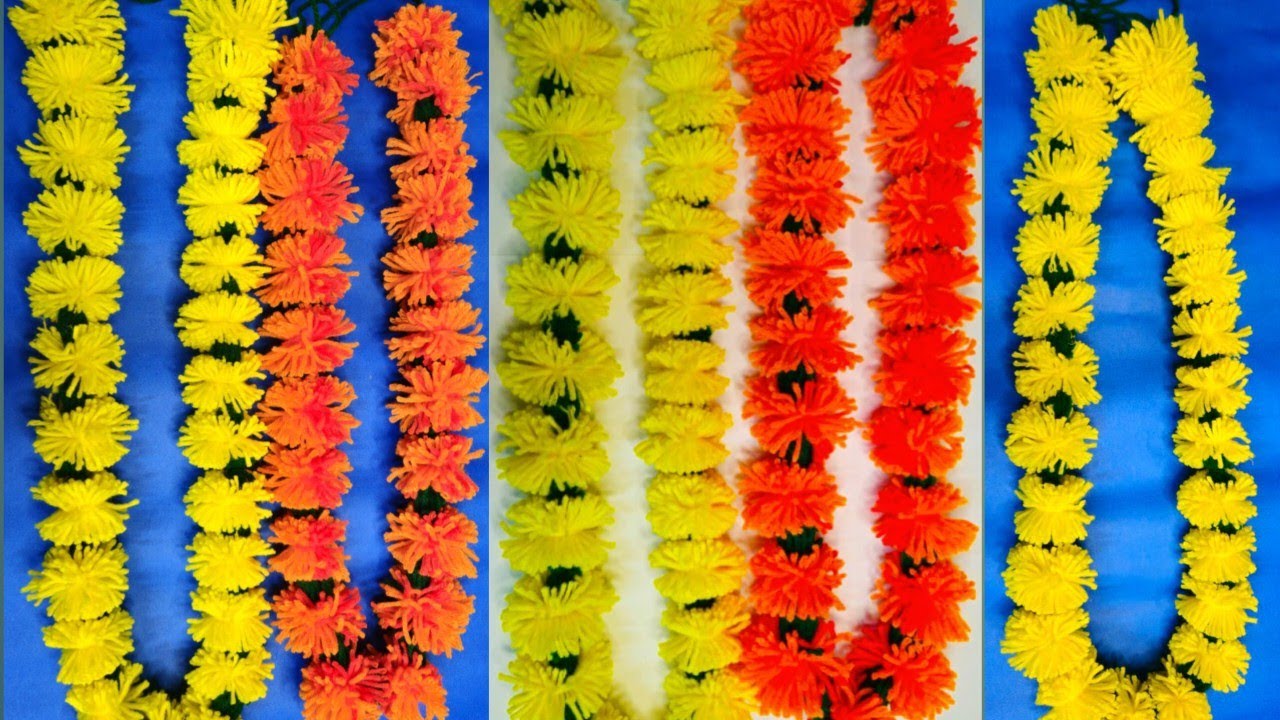 উলের তৈরি গাঁদা ফুলের মালা // Artificial Marigold Flower// Garland Making // God pooja Craft ideas