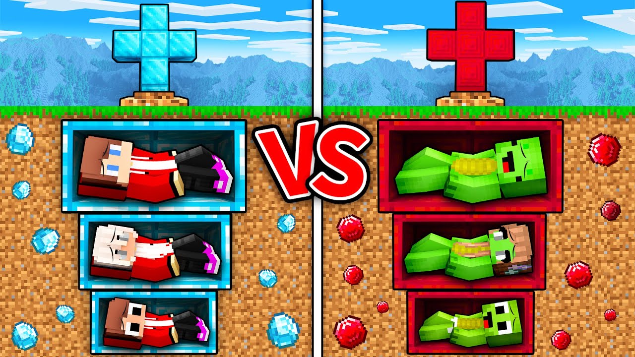 JJ and Mikey : DIAMOND vs RUBY Family GRAVE Battle in Minecraft ! - Maizen