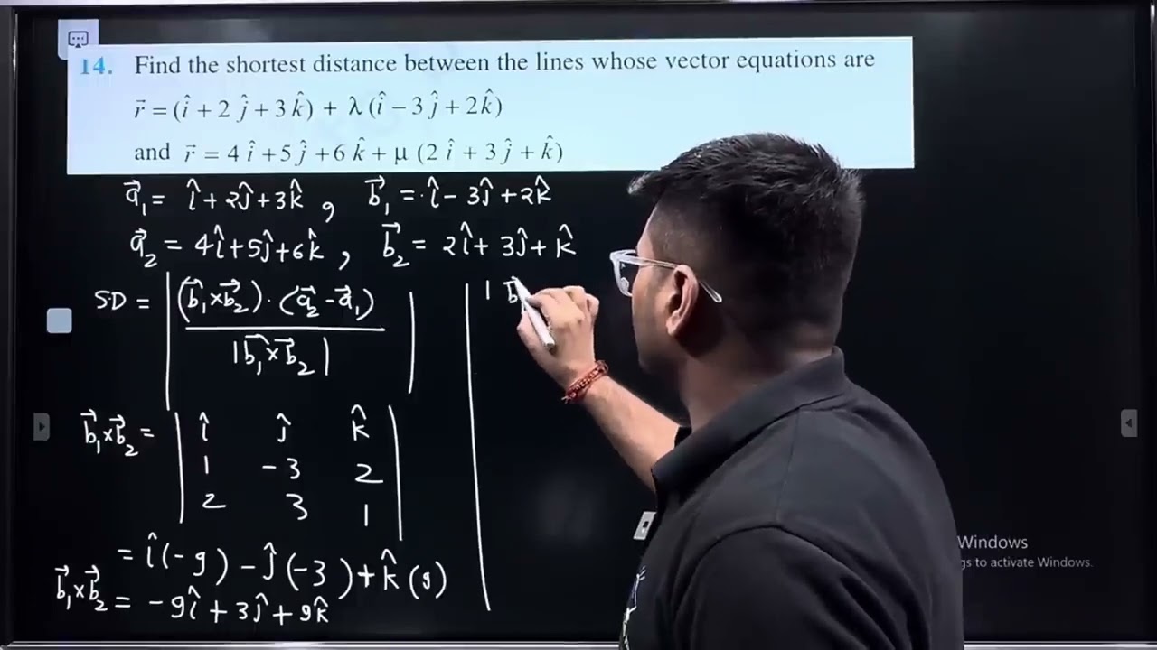 14. Find the shortest distance between the lines whose vector equations are r ⃗=(i ̂+2j ̂+3k ̂ )+