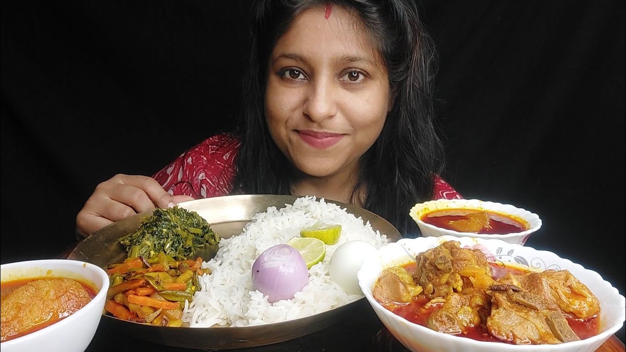 Eating Show - Rice, spicy 🔥 mutton curry, kolmi saag, mixed veg fry | Poulamieatingshow #eatingshow