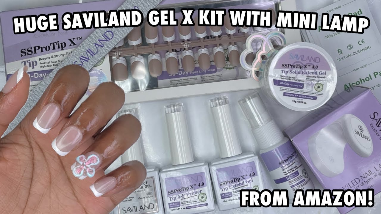 Trying Saviland Gel X Kit with Mini Lamp from Amazon | Pre French Tip Soft Gel Nails | Solid Gel