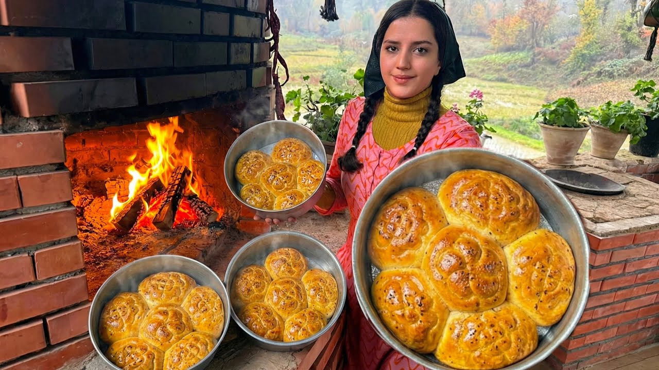 Baking delicious flower bread with Russian soup in the cold weather of the village