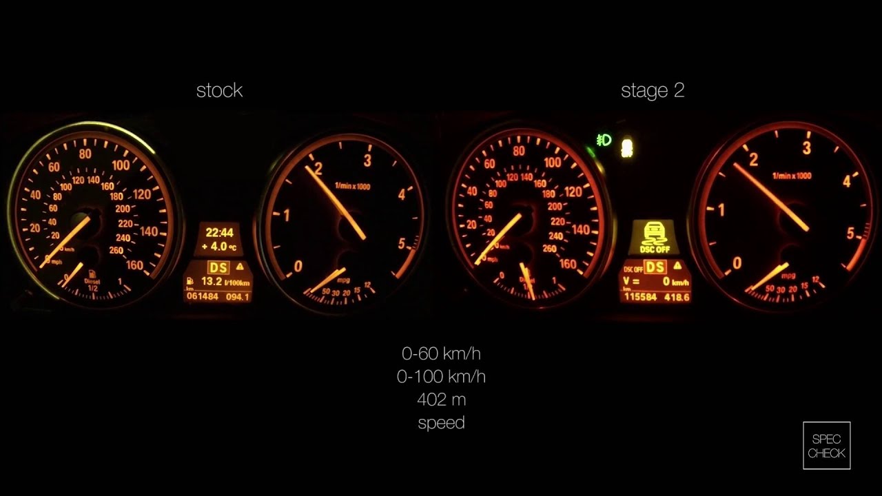 BMW X5 E70 35d stock vs stage 2   0-100 racelogic acceleration, 402m