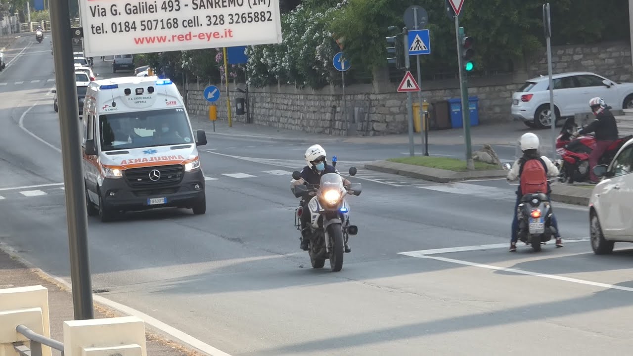 [RARE-SCORTA] Moto Polizia locale Imperia+Ambulanza 1-315 croce bianca Imperia in sirena