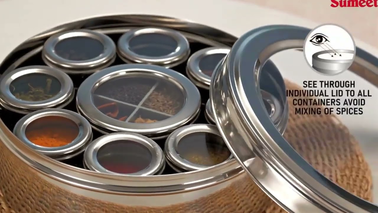 Sumeet 12-in-1 Stainless Steel Masala Box | Airtight Spice Organizer with See-Through Lid & Spoons