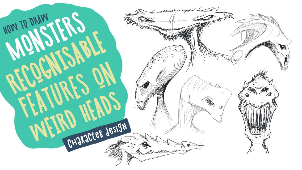 How to draw monsters - Using recognisable elements on weird head shapes to create creepy monsters.