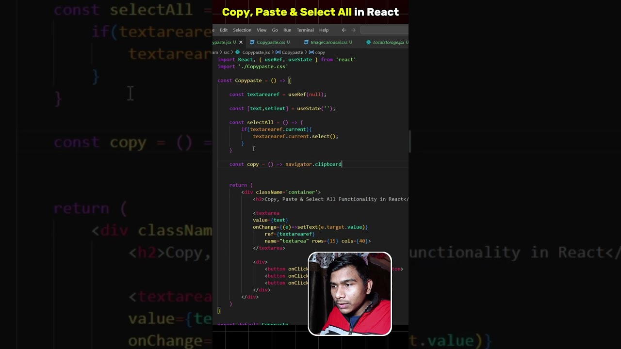 Copy Paste & Select All Functionality in React 🔥#react #coding