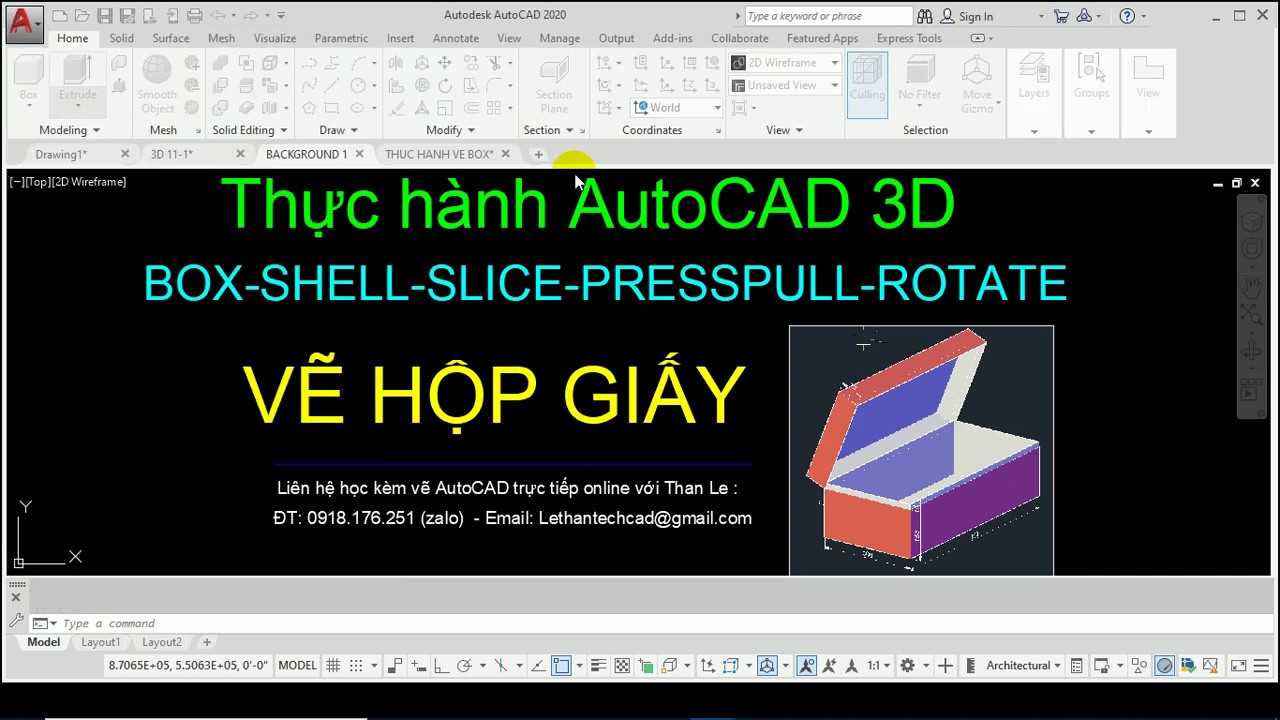 Thực hành vẽ AutoCAD 3D - Dùng lệnh Shell, Box,  Extrude, Subtract, Presspull,  Slice để vẽ hộp 3D