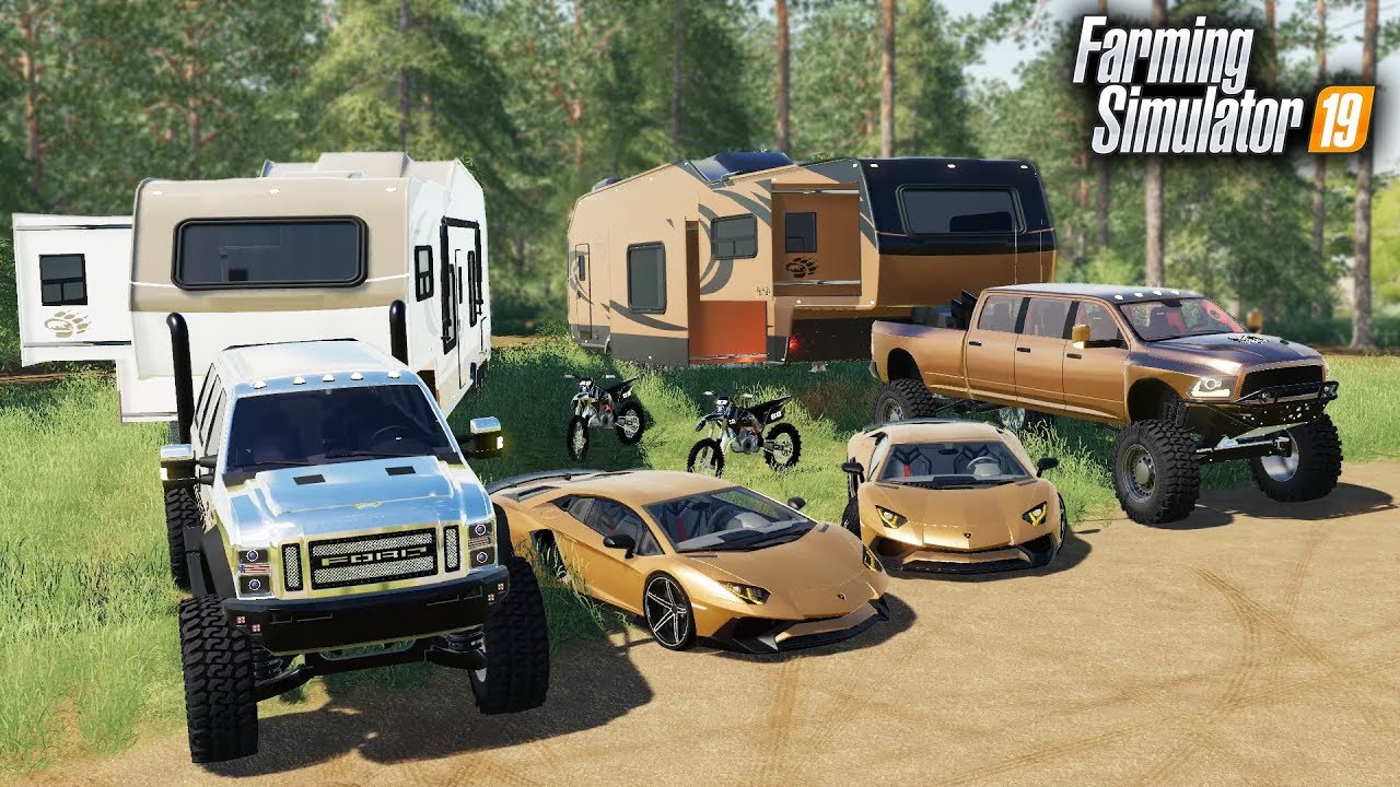 FS19- MILLIONAIRES GO LUXURY CAMPING! WITH A LAMBORGHINI & $90,000 RAM MEGA CAB, FORD SUPER SIX