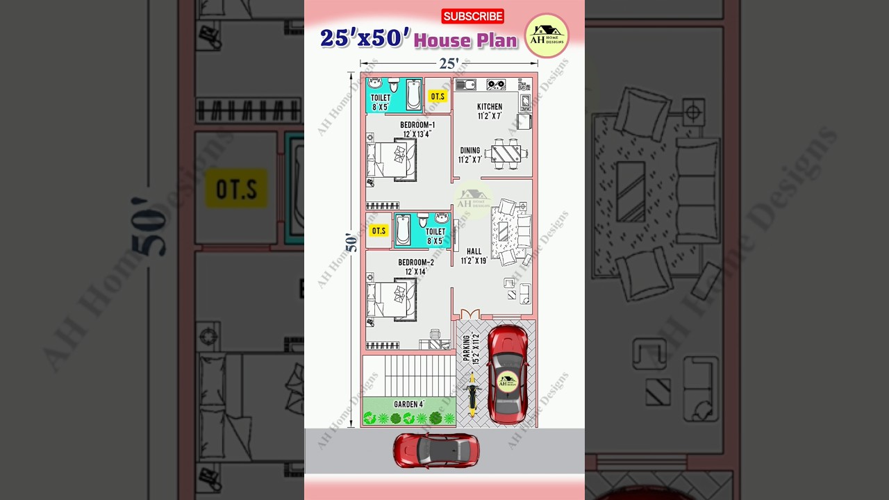 25'x50' House Plan | 2bhk with Car Parking | With Garden | 25*50 House Design | #2dhouseplan #shorts