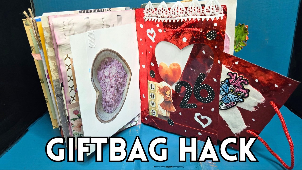 Unique SLIDING CARD recycling a gift bag: CREATE a Love Note Pocket page for a Junk Journal #271