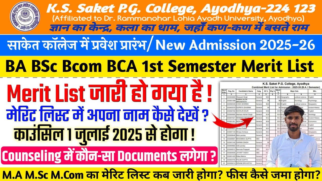 Saket PG College UG Merit List 2025-26 || KS Saket PG College Ayodhya Faizabad Admission 2025-26