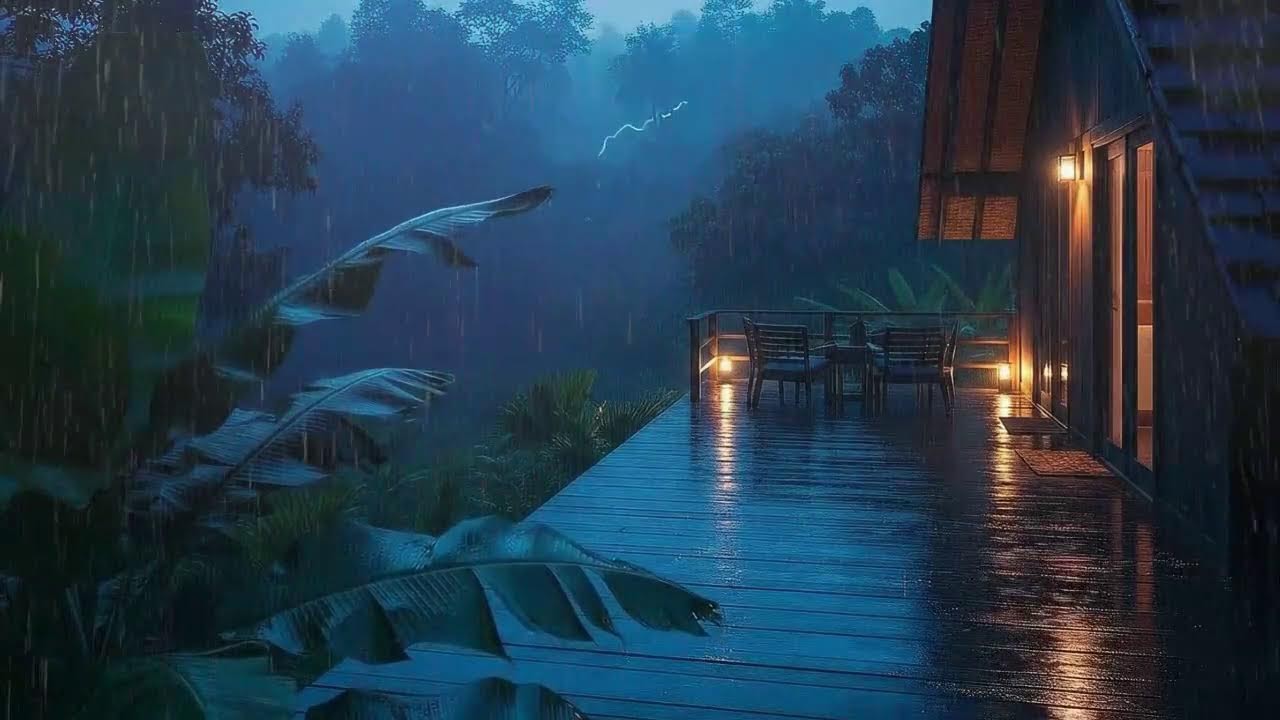 Sleep Now with Steady Rainfall and Soft Thunder Echo at Cabin Terrace 🌧️