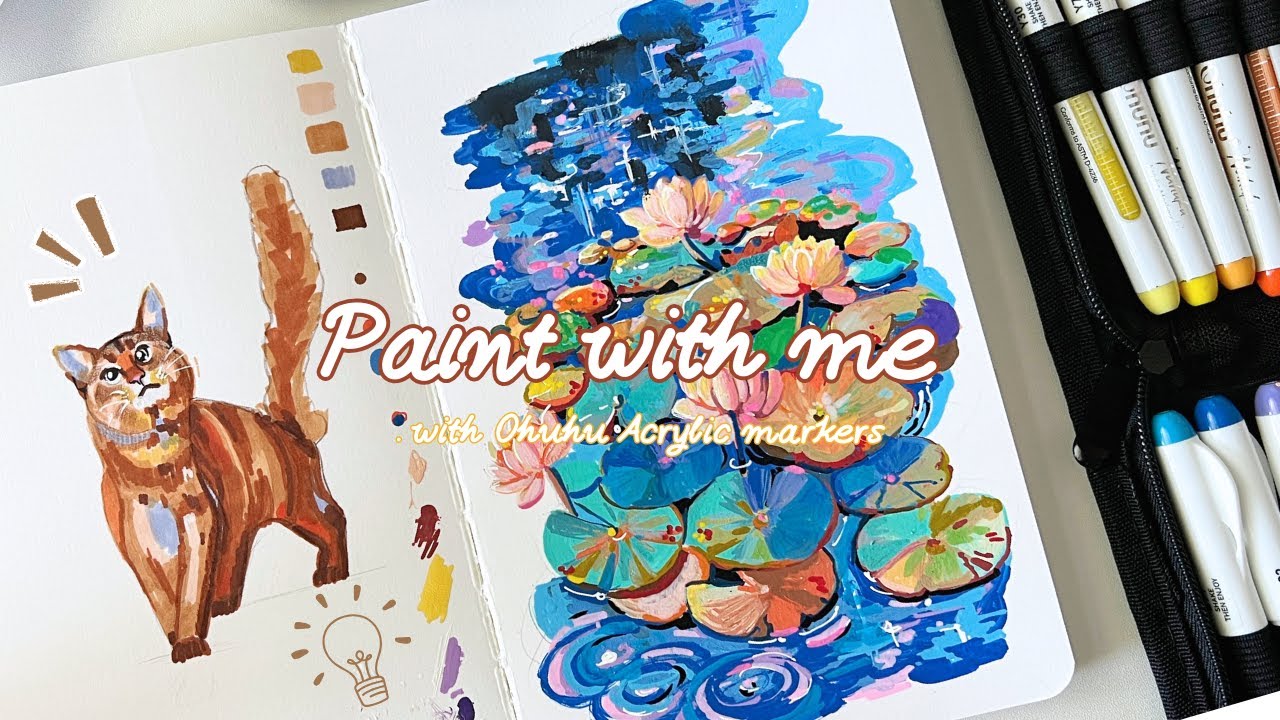 Ohuhu Acrylic Marker Tutorial 🌊 Drawing a Waterlily Scene with Complementary Colors- Relaxing sound