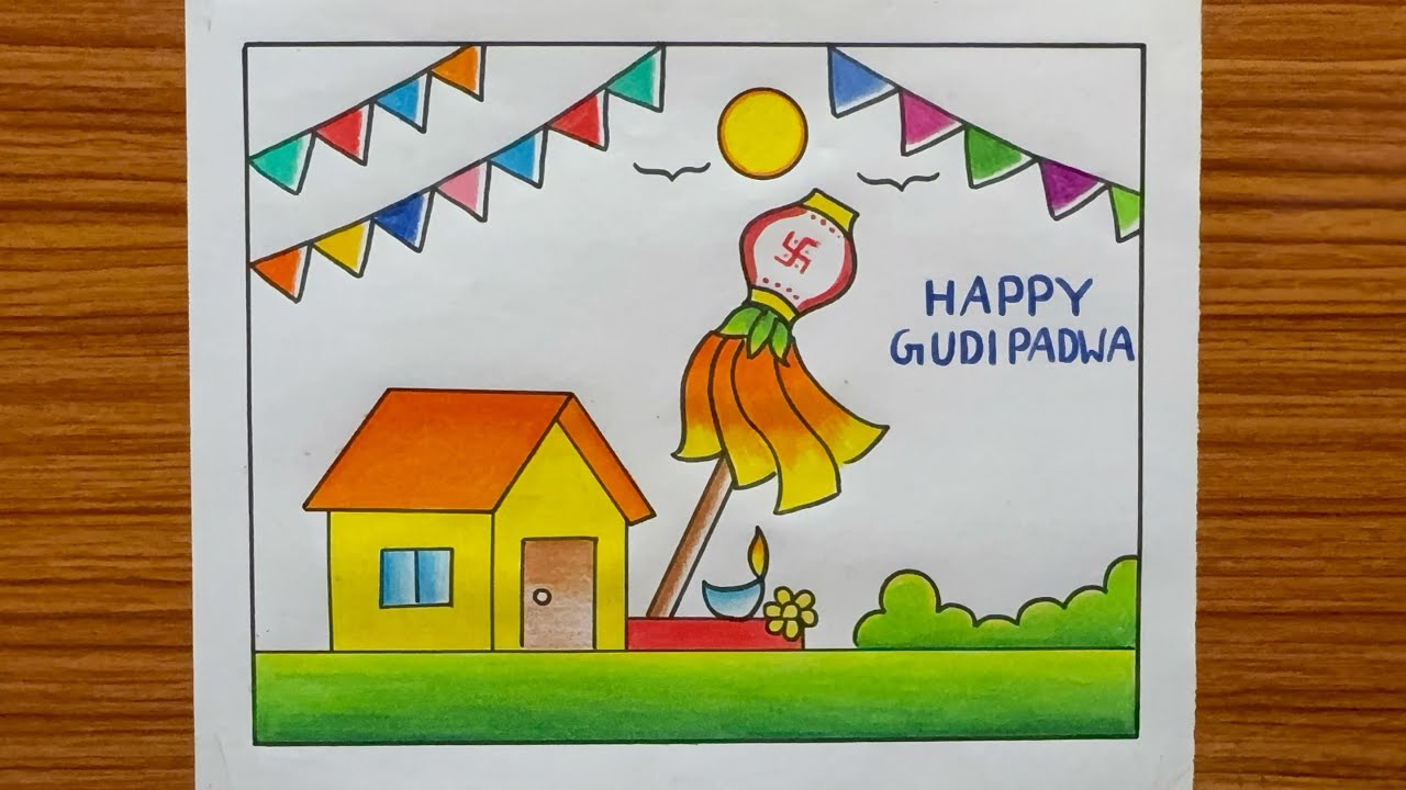 Gudi Padwa Drawing / How to Draw Gudi Padwa Poster Drawing / Easy Drawing 