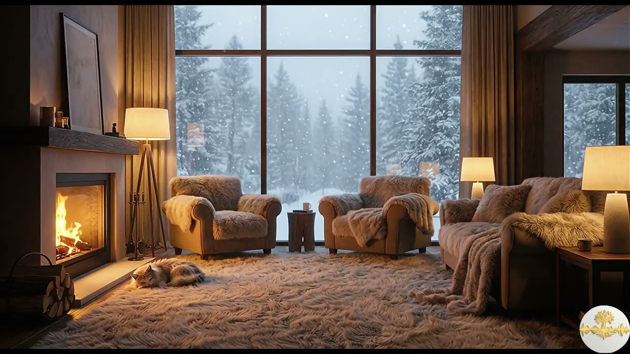 Cozy Winter Fireplace Sound ❄️ Heavy Snow & Sleeping Cat Ambience