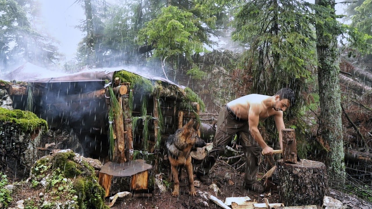 Кемпинг в Hevy Rain - попал в шторм! - 3-дневный соло-бушкрафт - Строительство убежища