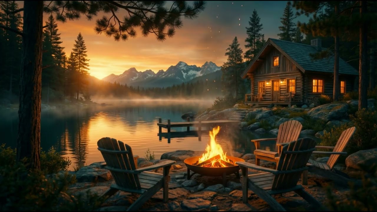 Fireplace by the lake, cozy house, crackling logs, birds, nature sounds, no music