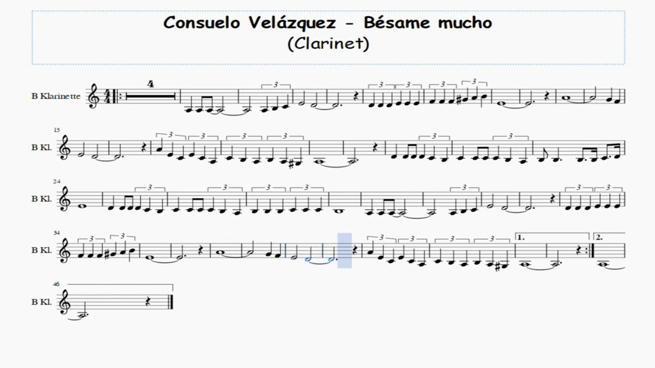 Bésame mucho - Clarinet (D)   Free Sheet Music