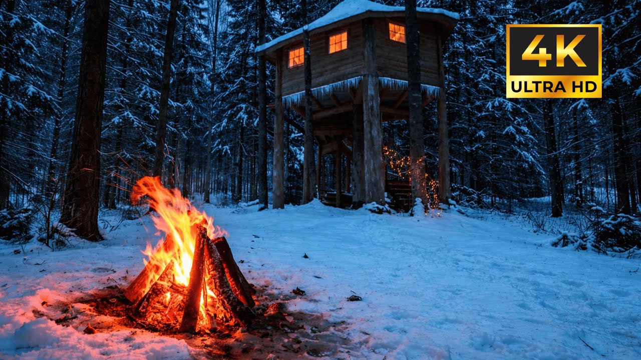Crackling Campfire in a Snowy Forest  No Music