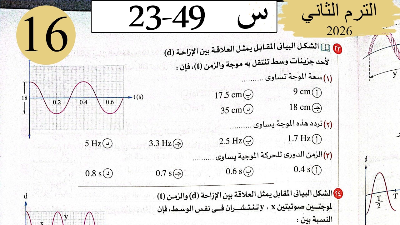فيزياء 2ث - حل الحركة الموجية - الاختيار2 - كتاب الامتحان 2026