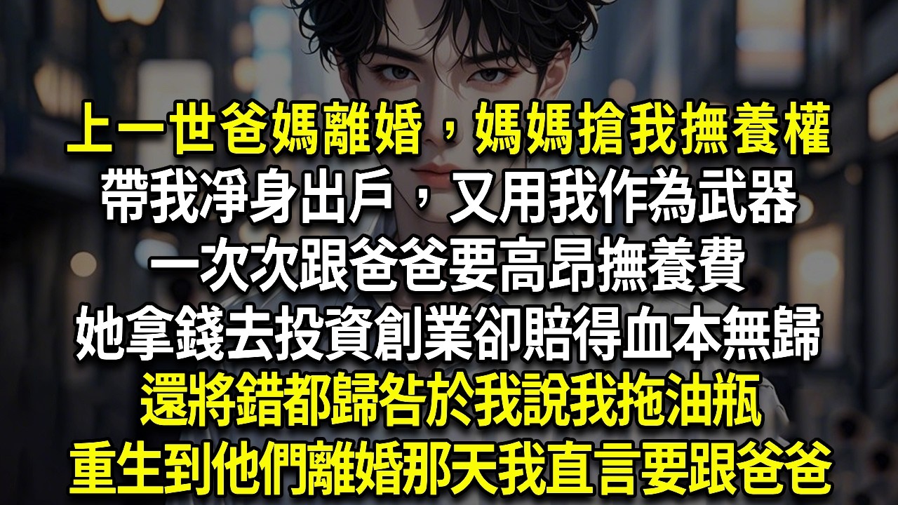 上一世爸媽離婚，媽媽搶我撫養權帶我凈身出戶，又用我作為武器一次次跟爸爸要高昂撫養費她去投資創業卻賠得血本無歸還將錯都歸咎於我說我拖油瓶重生到他們離婚那天我直言要跟爸爸