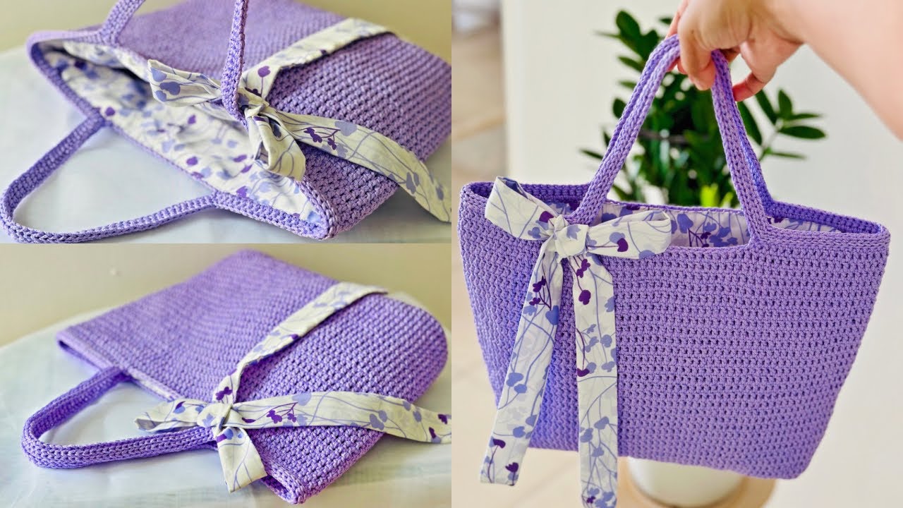Crochet tote bag with a rectangular base | Add fabric lining in to crochet bag