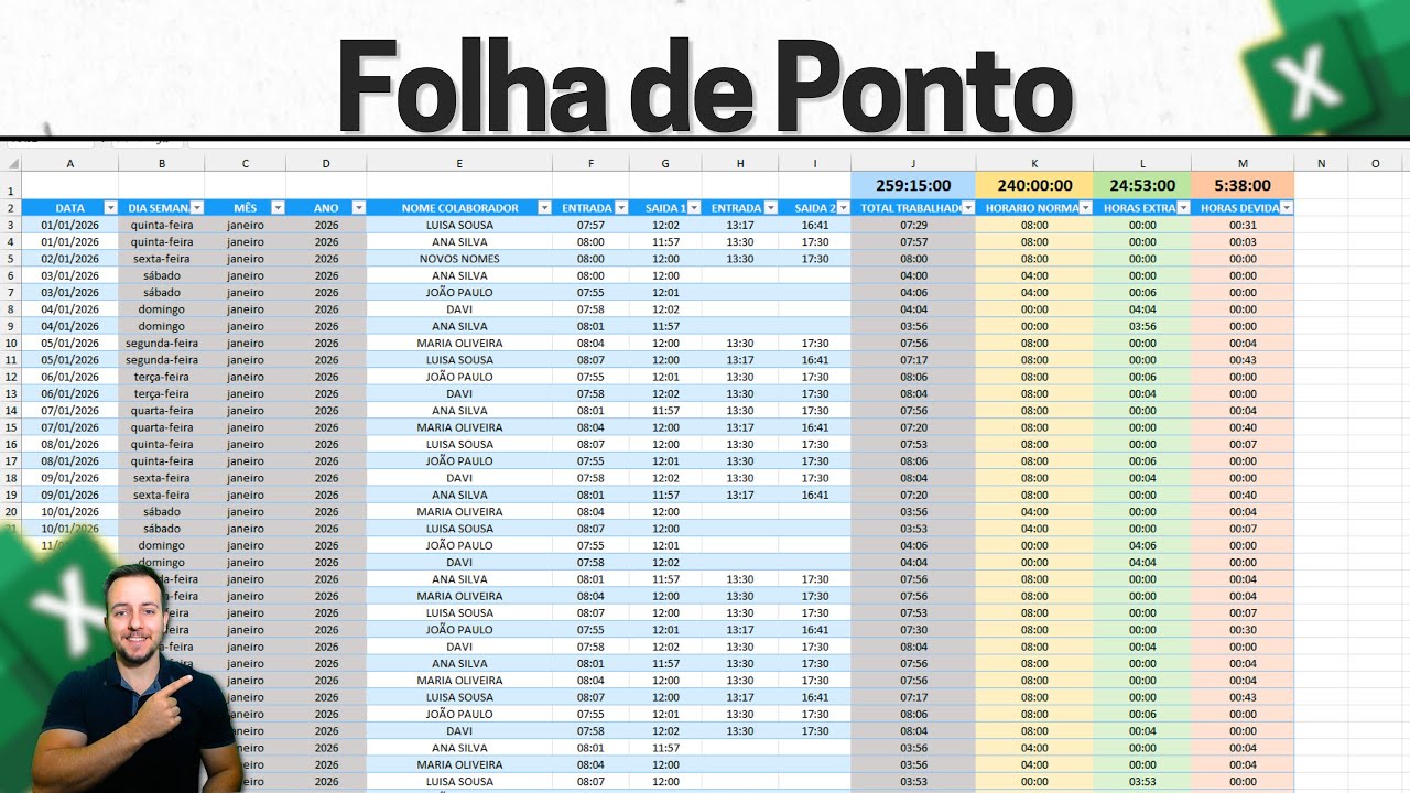 Folha de Ponto no Excel com Horas Extras, Devidas, Total Trabalhado para cada Funcionario