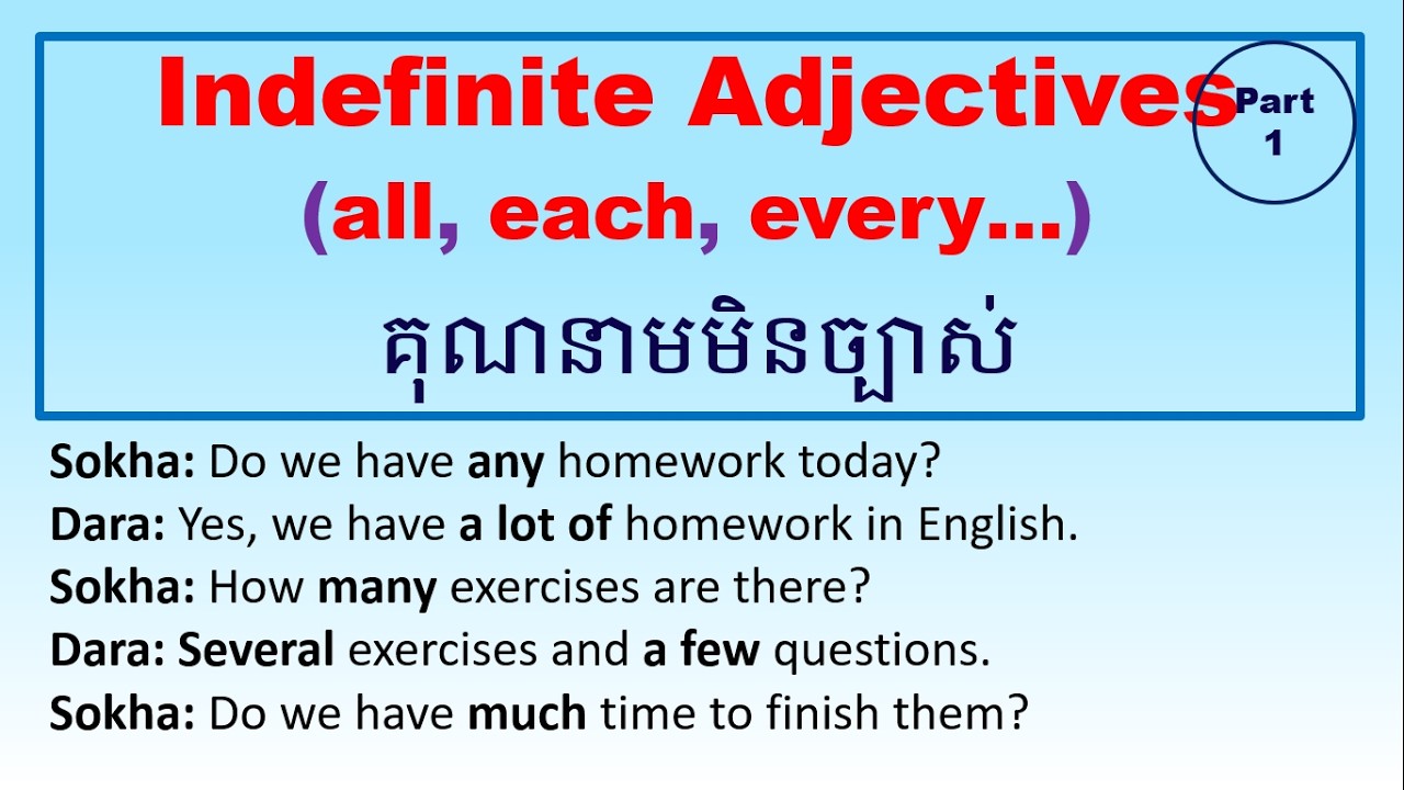 Video 90: គុណនាមមិនច្បាស់ ||  Indefinite Adjectives (Part 1)