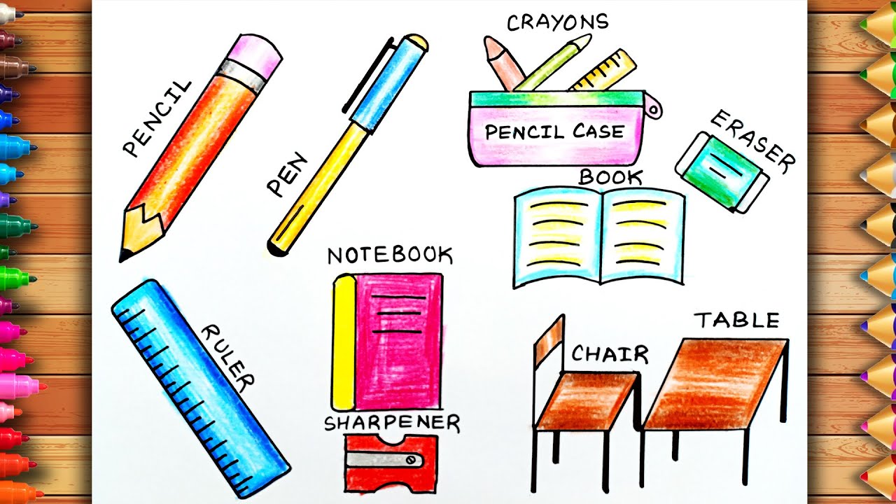 Easy Classroom Objects Drawing | Objects in the Classroom Drawing | School Supplies Drawing