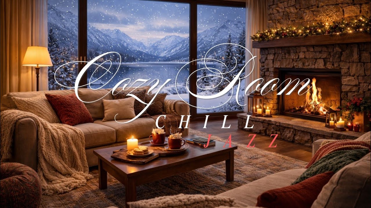Cozy Snowy Winter Room | Fireplace Background & Smooth Jazz for Chill & Dinner | 2 Hours