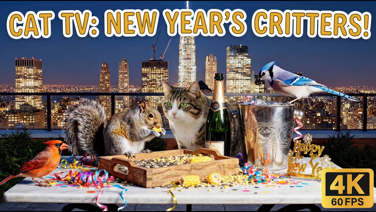 Happy New Year 2026 Cat TV 🎆 Spectacular NYC Fireworks & Squirrel Party - 8 Hours 4K