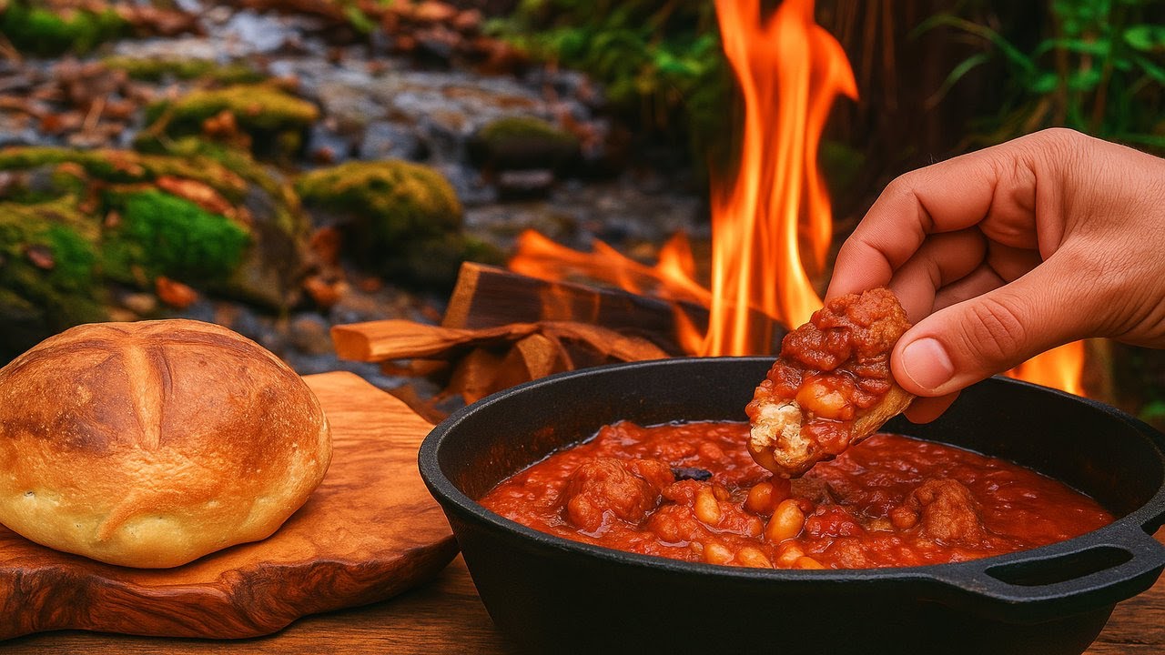Sausage & Beans Stew by the River | Outdoor Cooking on Open Fire (No Talking)