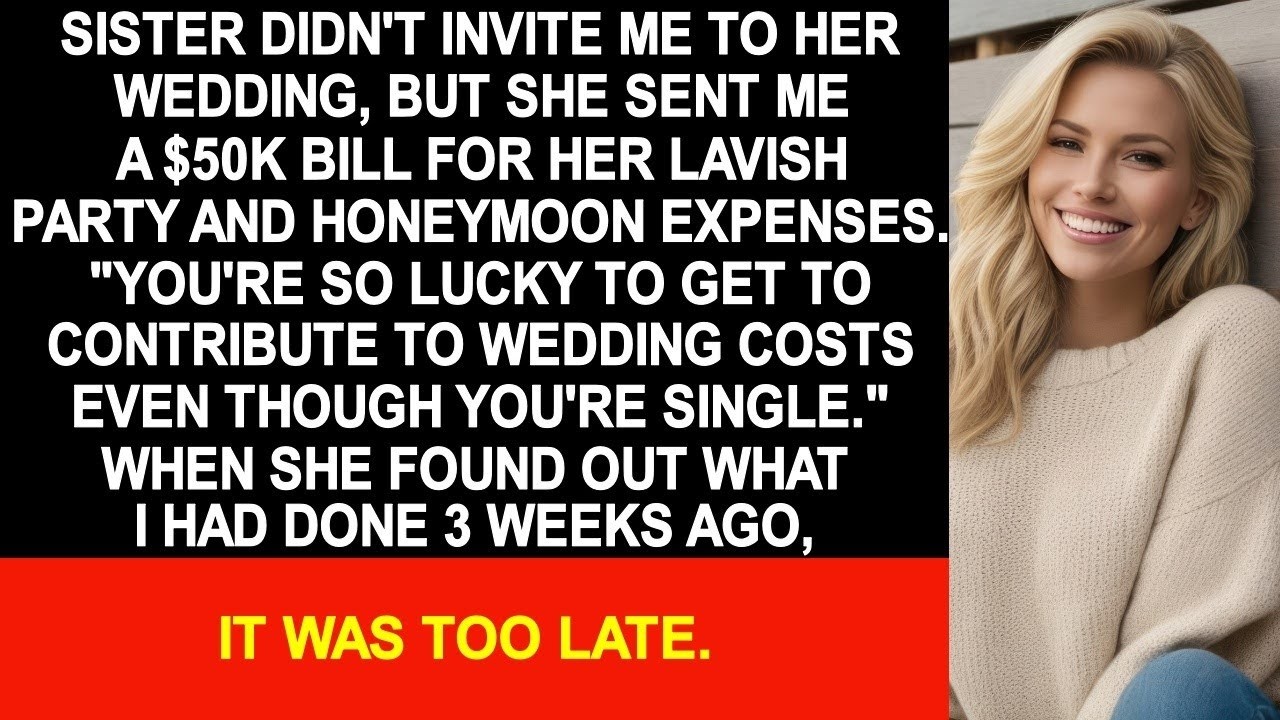 Sister didn't invite me to her wedding, but she sent me a $50K bill for her party, but 3 weeks ago…