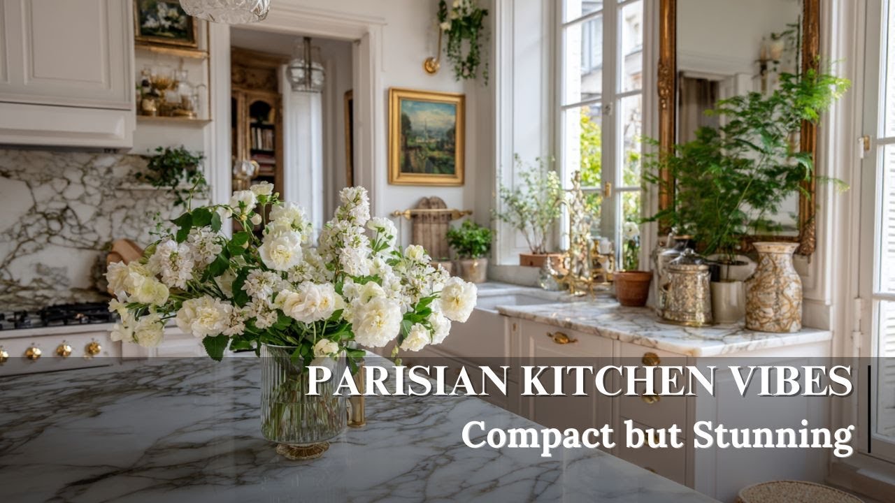 Parisian Inspired Kitchen Decor   Small Apartment Chic with Marble Counters & Gold Hardware